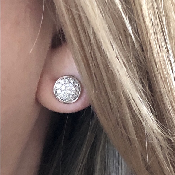 Solid 10K (not 14K) White Gold Natural Diamond Cluster Modern Disc Stud Earrings - Picture 1 of 17